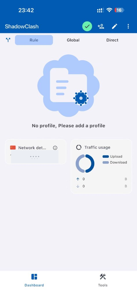 ShadowClash 主面板，Rule/Global/Direct 三种模式与 Network details / Traffic usage 卡片