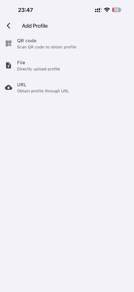 ShadowClash Add Profile 页面：QR code / File / URL 三种导入方式