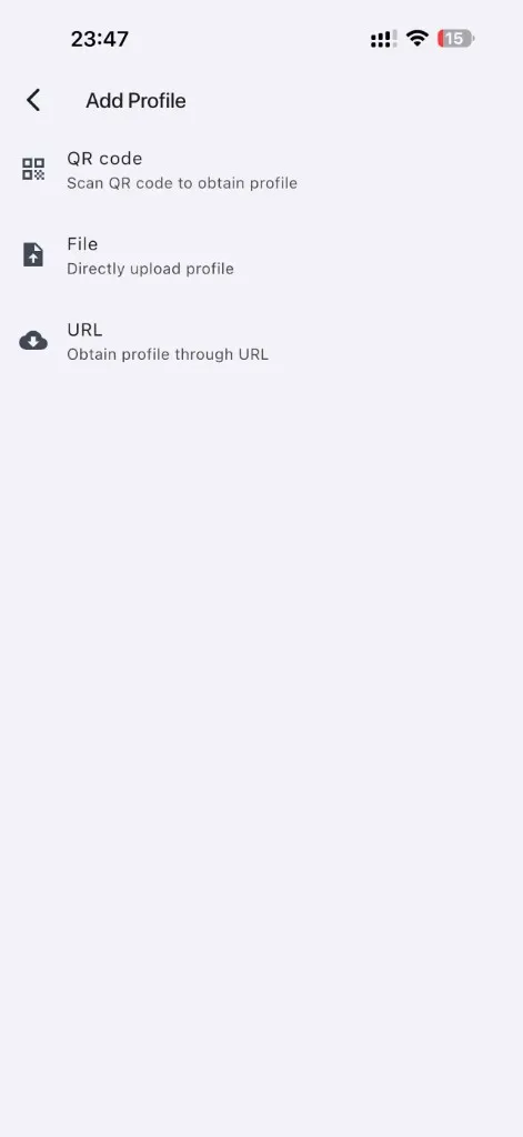 ShadowClash Add Profile 页面:QR code / File / URL 三种导入方式